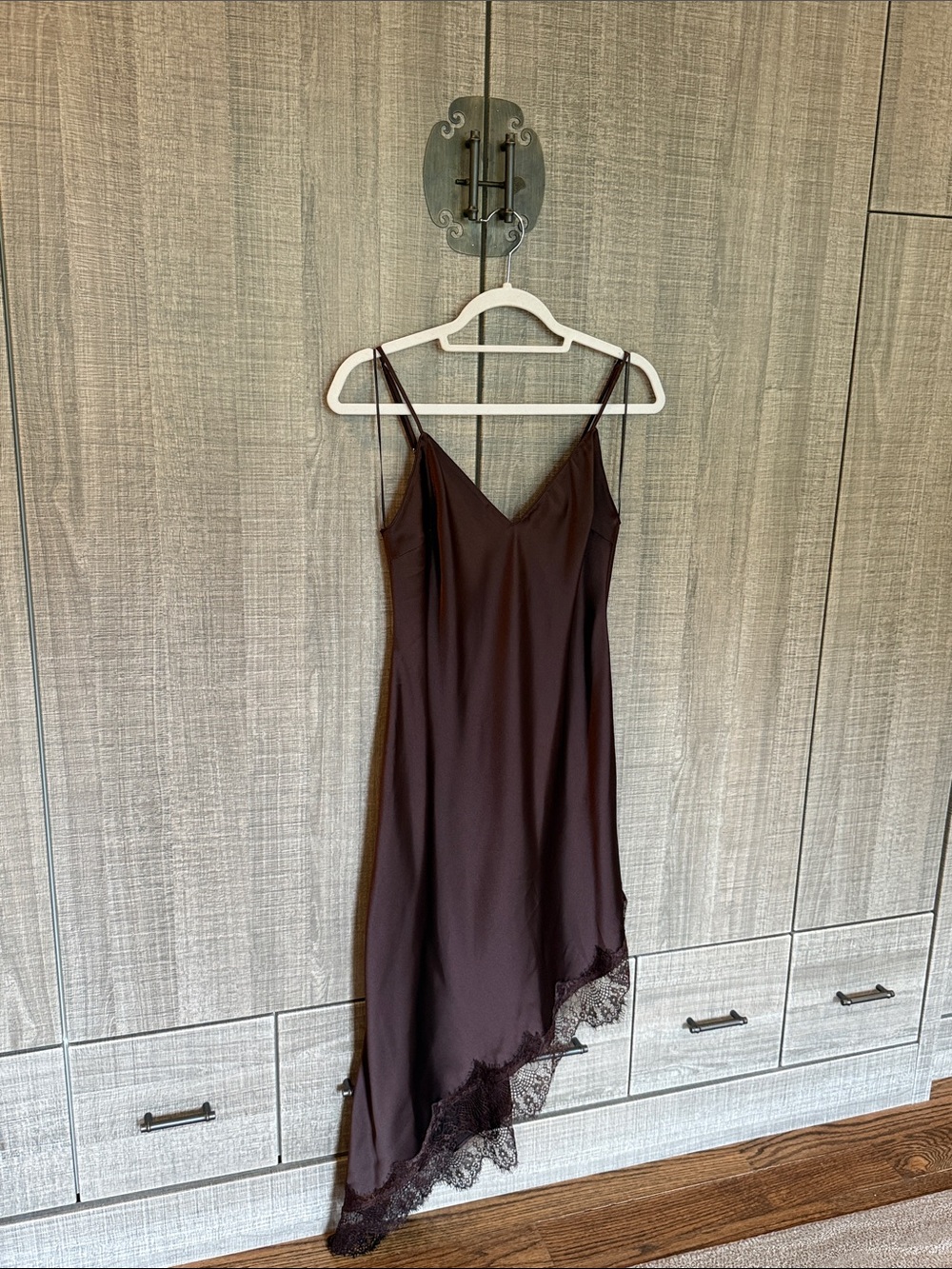 Zara Satin Slip Dress with Lace Hem in Deep Brown - Picture 10 of 17